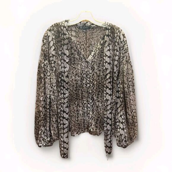 INC International Concepts Sheer Snake Print Blouse Scarf Tie Peasant Sleeves M - Picture 1 of 5